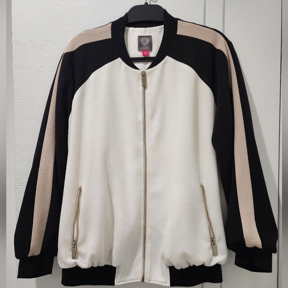 Vince Camuto Black, White, and Tan Bomber Jacket
